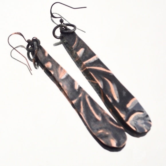 Conceptual Subculture Jewelry - Rustic Long Solid Copper Earrings Embossed Floral Artisan Dangle Drop Boho Gift